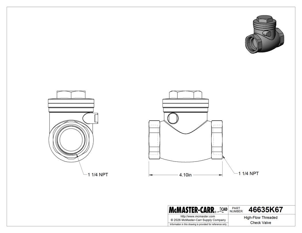 Technical Drawing of High-Flow Threaded Check Valve, 316 Stainless Steel Body, 1-1/4 NPT Female.